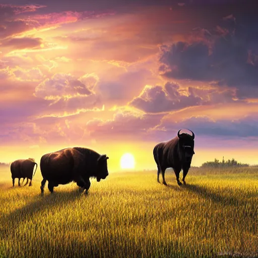 Prompt: a herd of bisons running in the prairie. epic sunset. a lone cowboy is riding on his horse following them. masterpiece. accidentally tripping on dmt and acid, psychedelic experience, overwhelming psychosis of self realization and burning awakening, ultra high definition, unreal engine 5, hyperrealism, masterpiece composition, by casey weldon, barclay shaw 8 k photorealistic