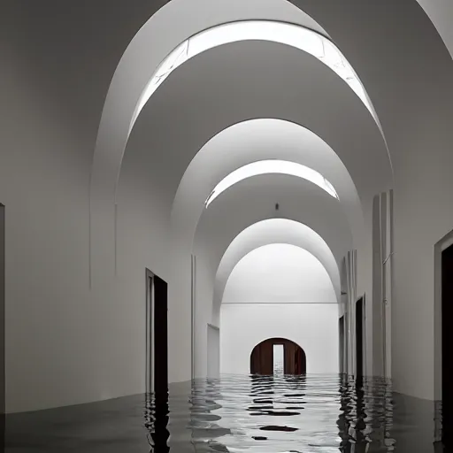 Image similar to interior of a flooded building, all white, minimalistic architecture, rounded ceiling, arched doorway, dim lights, liminal space,