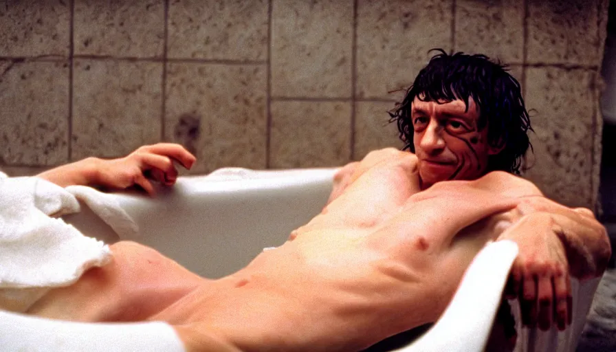 Prompt: movie still of jean - paul marat a wound at the chest, bleeding in the bath, cinestill 8 0 0 t 3 5 mm, high quality, heavy grain, high detail, cinematic composition, dramatic light, anamorphic, ultra wide lens, hyperrealistic, by fellini