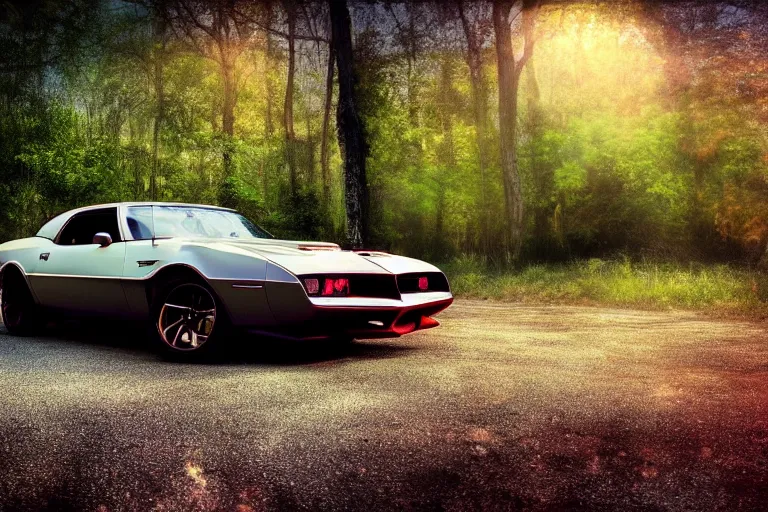 Prompt: pontiac firebird with grafitti tag on side, sunrise, dramatic, cinematic, forest, sunbeams, volumetric lighting, wide shot, low angle, pokemon looking at car