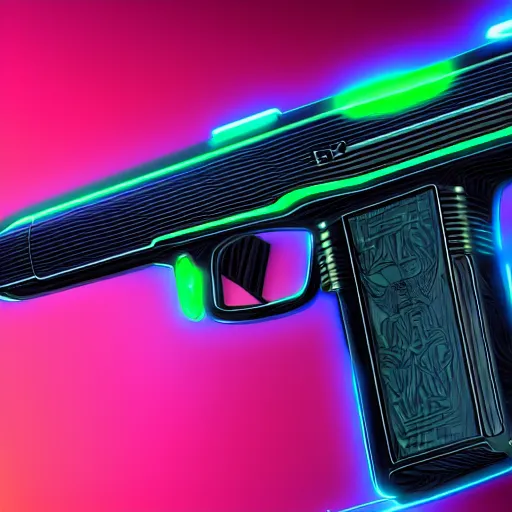 Image similar to handheld laser pistol, future outlined by whirling illuminated neon lines, outrun, vaporware, shaded flat illustration, digital art, trending on artstation, highly detailed, fine detail, intricate