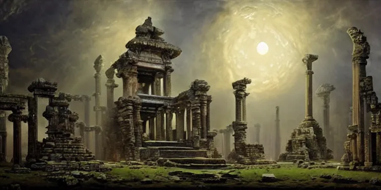 Image similar to beautiful hyperrealistic spectacular painting of the mysterious intricate ruins of the mysterious ancient temple, an advanced technology timemachine with a green - glowing - crystal from the future is inside the temple, by hubert robert and lee madwick and bastien lecouffe - deharme, dramatic moonlight lighting, advanced technology