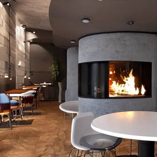 Image similar to modern interior design of a bistro with open fireplace, 28mm