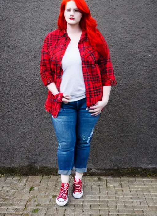 Prompt: photograp of a plus-size redhead woman wearing jeans, black converse shoes, and a red tartan shirt