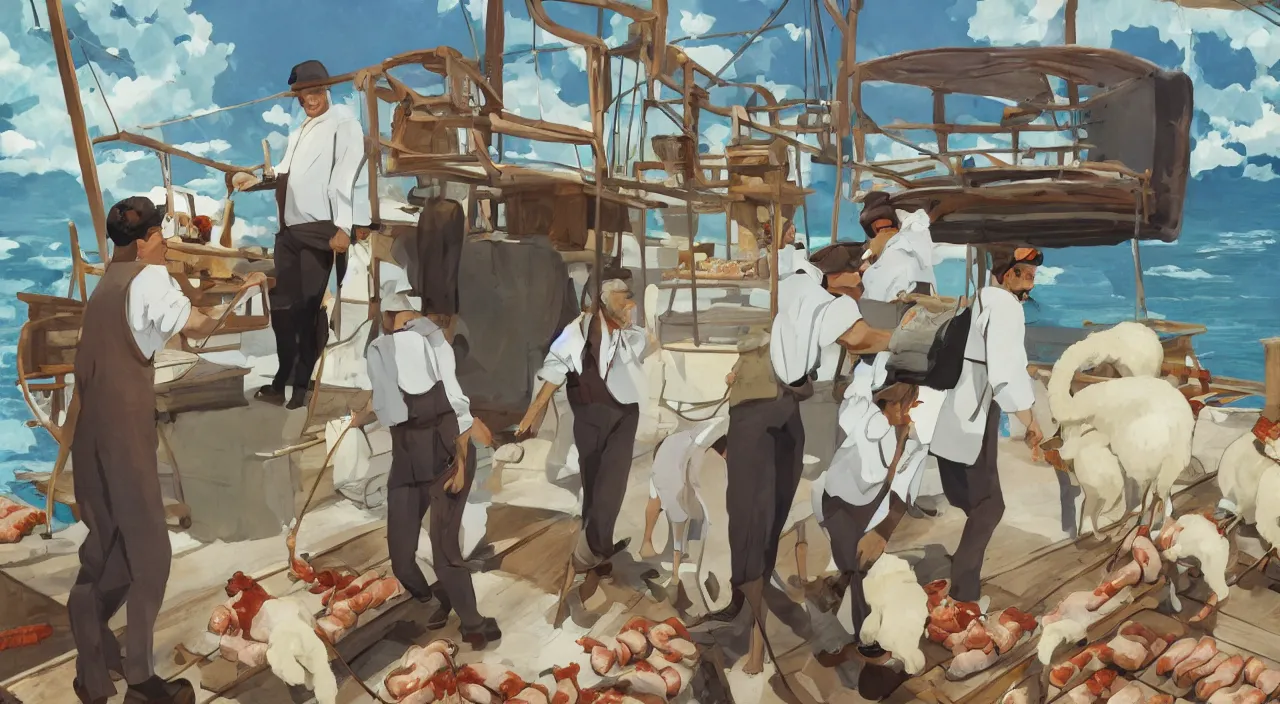 Image similar to ernest shackleton in a crisp white linen shirt and slacks, loading a cart with sausages and hams, havanese dogs running around the cart, cuba, 1 9 0 0, genndy tartakovsky, atey ghailan, goro fujita, studio ghibli, rim light, late morning lighting, clear focus, very coherent