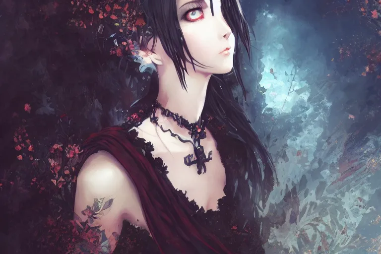 Prompt: a beautiful gothic girl, intricate, highly detailed, digital painting,, official media, anime key visual, concept art, rich vivid colors, ambient lighting, sharp focus, illustration, art by wlop
