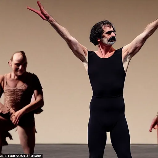 Prompt: Frank Zappa in a leotard and a crown performs the role of Richard III in award-winning modern dress production of Richard III in front of a live audience, action shot, masculine