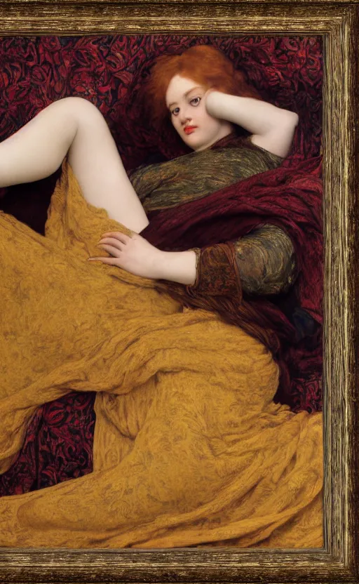 Prompt: preraphaelite full body reclining portrait photography masterpiece, facial features are a hybrid of judy garland and jo brand, thin aged 2 5, foreshortening, brown hair fringe, yellow ochre ornate medieval dress, william holman hunt, rosetti frederic leighton, ford madox brown, william morris and kilian eng background, framed, 4 k