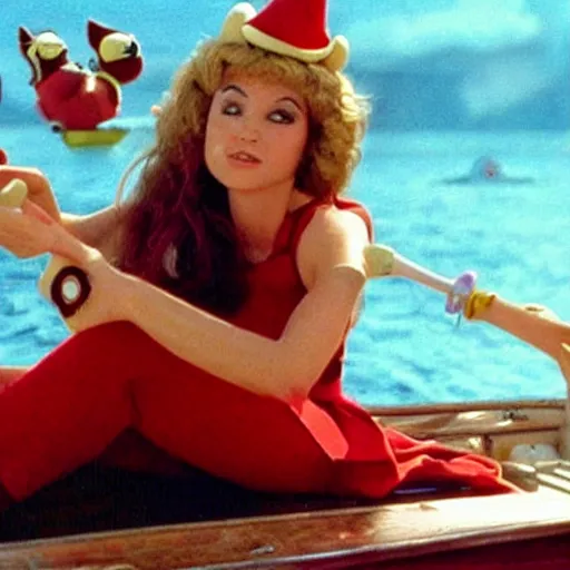 Image similar to highly detailed beautiful Dana Kaminsky on a boat in Super Mario Brothers movie