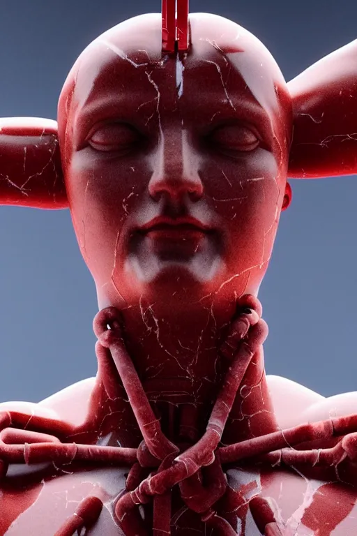 Image similar to a statue jesus on cross made of red marble with wires, tubes, veins, perfect symmetrical body, full body shot, inflateble shapes, white biomechanicaldetails, wearing epic bionic cyborg implants, masterpiece, intricate, biopunk, vogue, highly detailed, artstation, concept art, cyberpunk, octane render