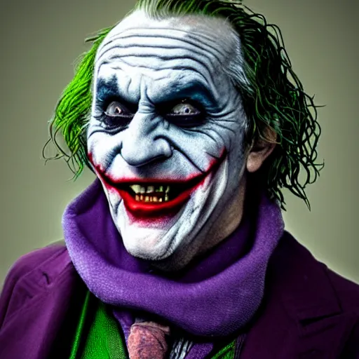 Image similar to the joker as an old druid wizard, bald, bushy grey eyebrows, long grey hair, disheveled, wise old man, wearing a grey wizard hat, wearing a purple detailed coat, a bushy grey beard, sorcerer, he is a mad old man, laughing and yelling