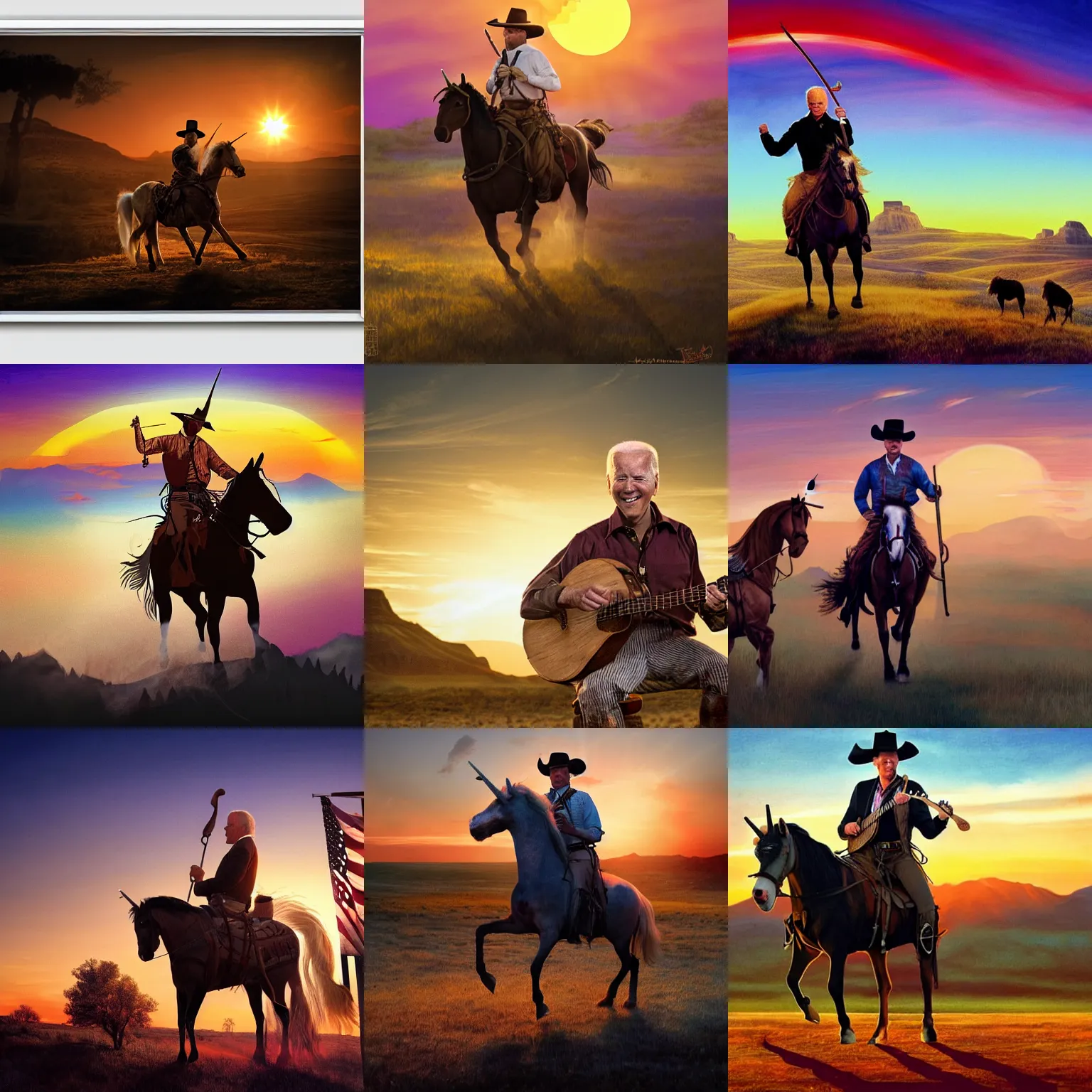 Prompt: biden with a banjo riding a unicorn into the wild west sunset, cinema lighting