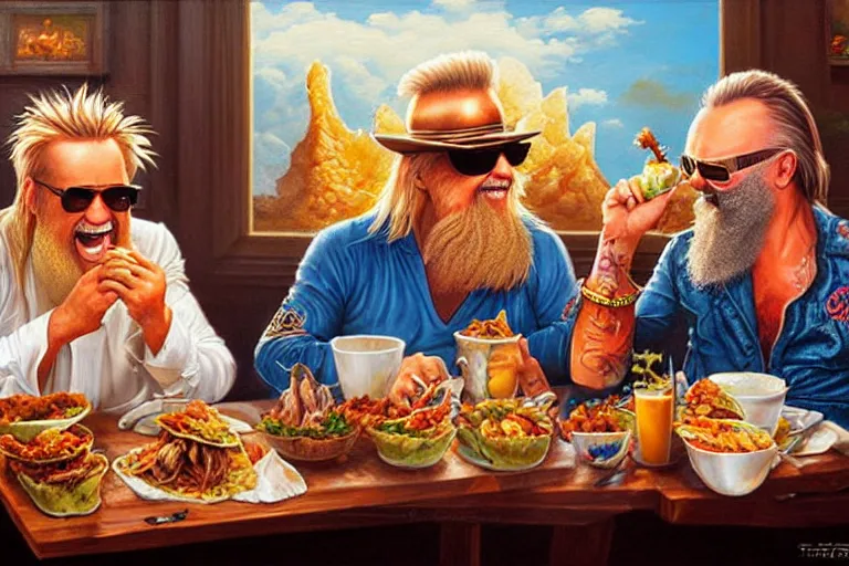 Image similar to rod stewart eating tacos with zz top, an oil painting by ross tran and thomas kincade