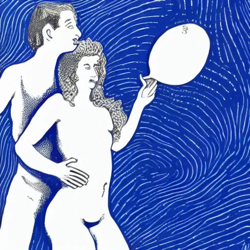 Image similar to woman and man against the background of the planet mercury in blue and white