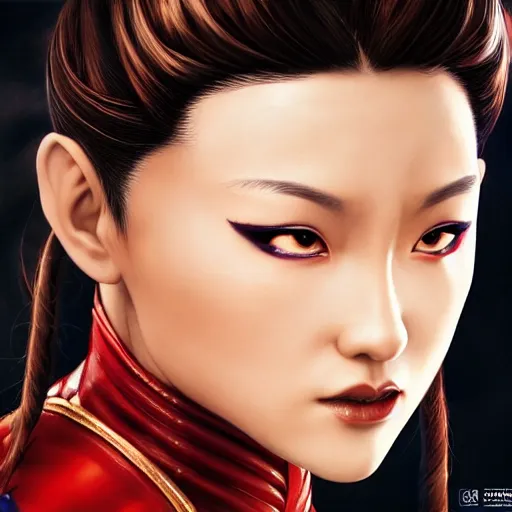 Image similar to Chun-Li in a fight pose, portrait, fantasy, medieval, beautiful face, vivid colors, elegant, concept art, sharp focus, digital art, Hyper-realistic, 4K, Unreal Engine, Highly Detailed, HD, Dramatic Lighting by Brom, trending on Artstation