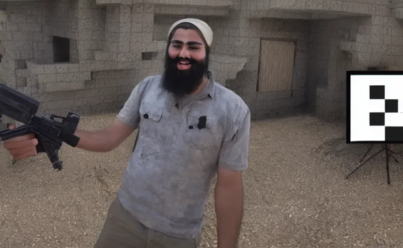 Prompt: minecraft steve in an isis propaganda video