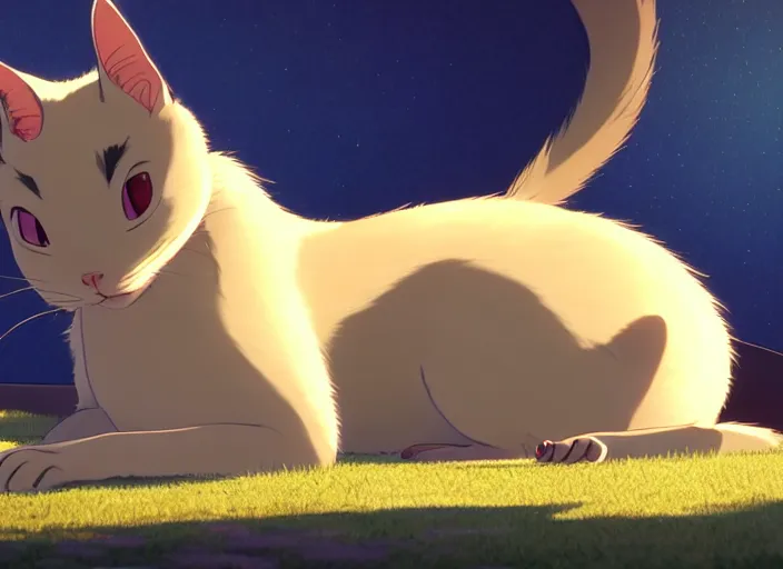 Prompt: a wholesome animation key shot of a siamese cat sleeping, close up, studio ghibli, pixar and disney animation, sharp, rendered in unreal engine 5, clear sky, anime key art by greg rutkowski, bloom, dramatic lighting