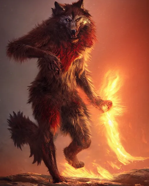 Image similar to oil painting of Angry Anthropomorphized Wolf Berserker, wearing red fur, claws, sharp focus, attack pose, fantasy style, octane render, volumetric lighting, 8k high definition, by greg rutkowski, highly detailed, trending on art Station, magic the gathering artwork, burning Battlefield background, centered