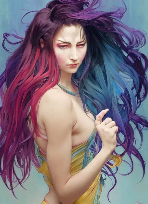 Prompt: a young woman with beautiful rainbow hair. she looks very angry. beautiful painting by artgerm and greg rutkowski and alphonse mucha lois van baarle