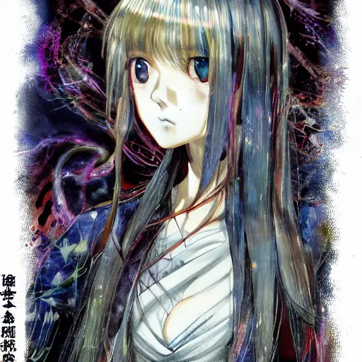 Prompt: yoshitaka amano realistic illustration of an anime girl with black eyes and long wavy white hair wearing dress suit with tie and surrounded by abstract junji ito style patterns in the background, blurry and dreamy illustration, noisy film grain effect, highly detailed, oil painting with expressive brush strokes, weird portrait angle, 9 0 s anime color palette