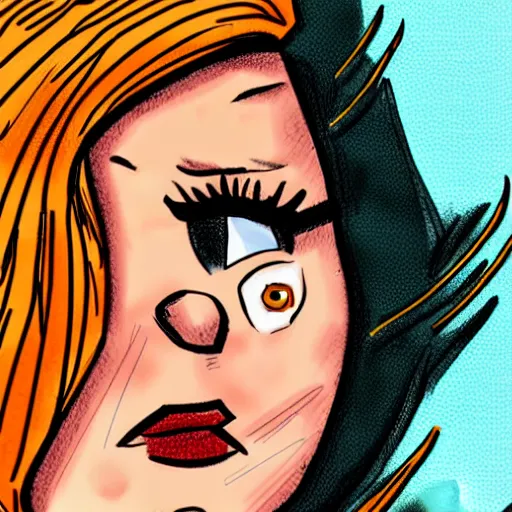 Prompt: dan decarlo art style, comic character, orange hair, round face, freckles, thick eyebrows