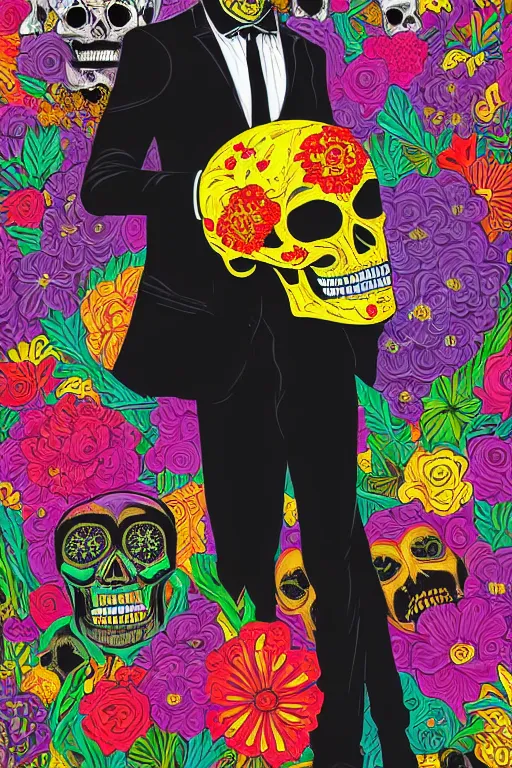 Image similar to large skull painted with vivid flowers on a black suit and tie by Jen Bartel and Dan Mumford and Satoshi Kon, gouache illustration