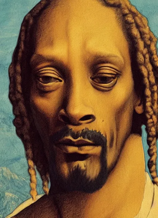 Image similar to a very high resolution image from a new movie, snoop dogg. drawn by leonardo da vinci. mountains, directed by wes anderson