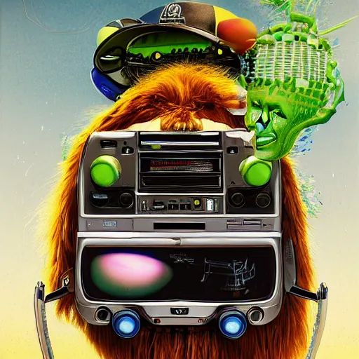 Image similar to a portrait of an anthropomorphic tennis ball monster by sandra chevrier, detailed render, tape deck, boombox, headphones, epic composition, cybernetics, 4 k realistic, cryengine, realistic shaded lighting, sharp focus, masterpiece, by matteo scalera, gary montalbano, peter elson in the style of the tokyo ghost comic