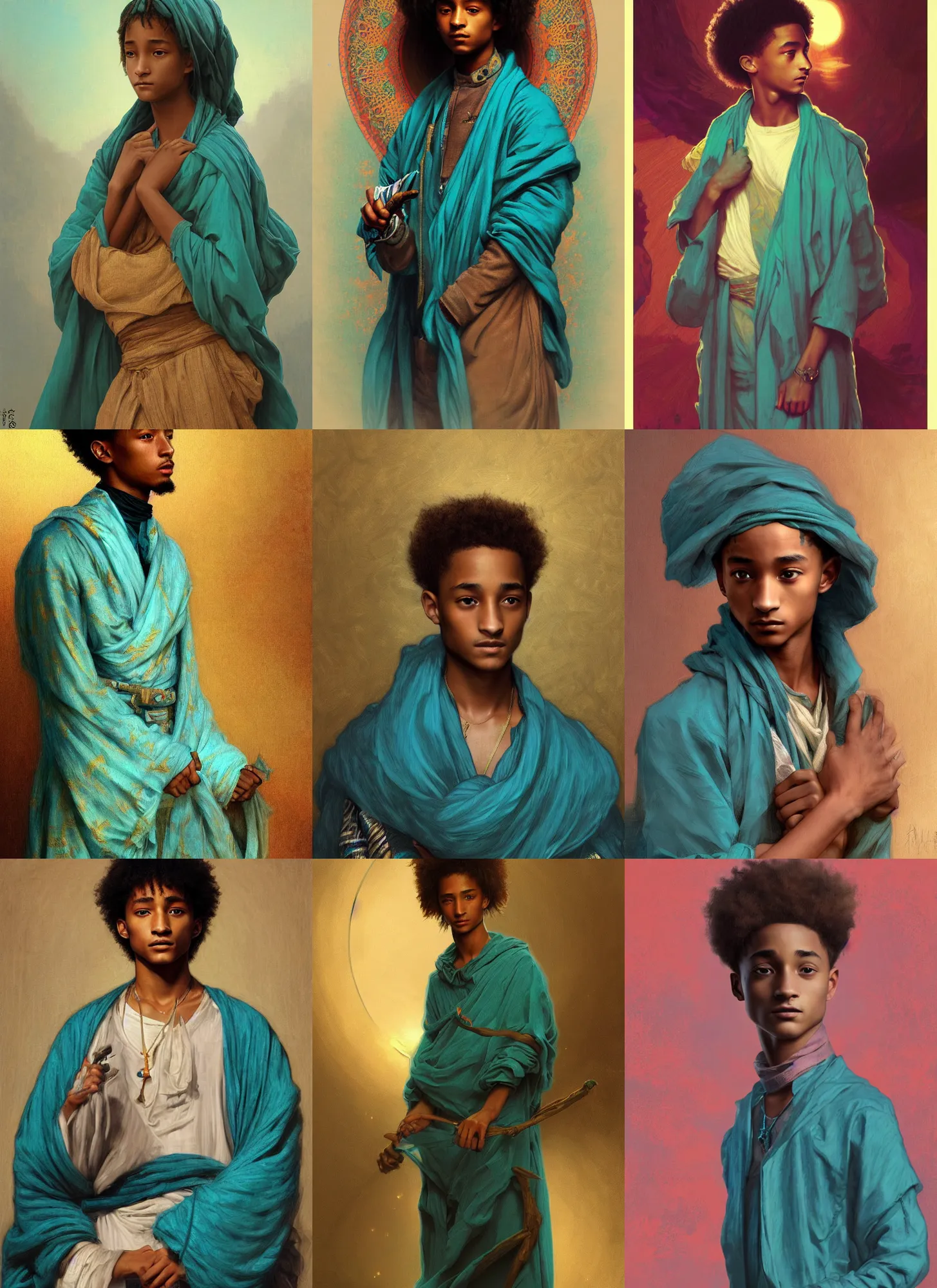 Prompt: jaden smith young libyan, teal cloth, intricate, dark, highly detailed, digital painting, artstation, sharp focus, illustration, orientalism, bouguereau, rutkowski, mucha