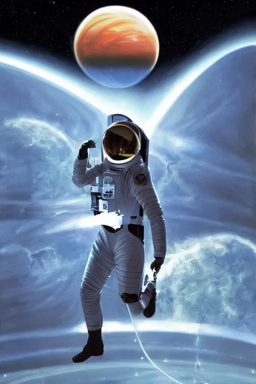 Prompt: Nikola Tesla in a sci-fi spacesuit flying through toxic clouds of planet Venus, centered, rule of thirds, retrofuturistic portrait by Greg Hildebrandt, ultrarelistic, trending on Artstation, 8K