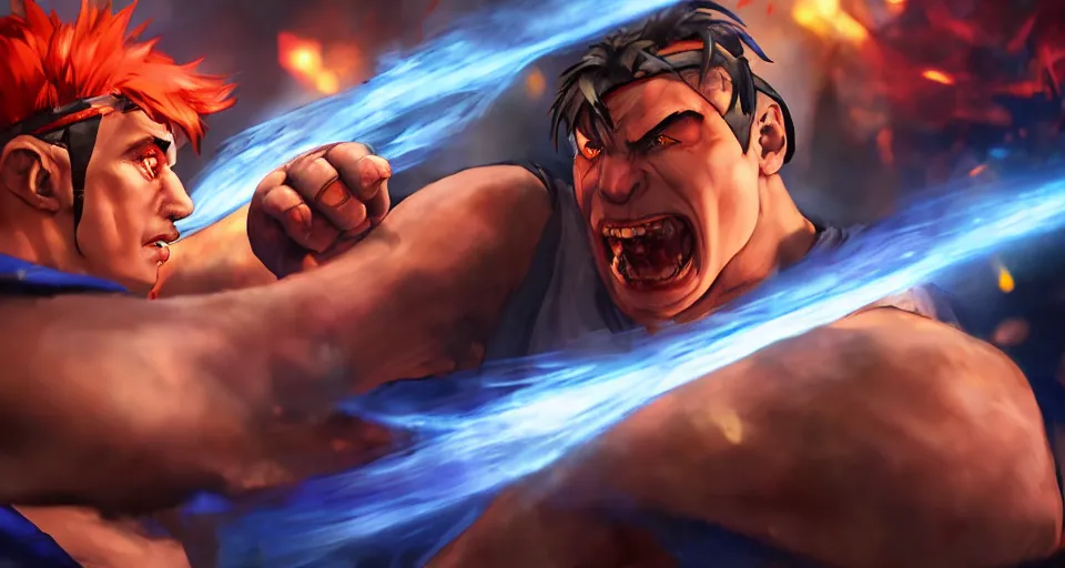 Image similar to Epic dramatic cinematic close-up character shot of a man pit against his mortal enemy in a thumb war for the fate of cosmic reality. Digital art. Street Fighter V game concept art.