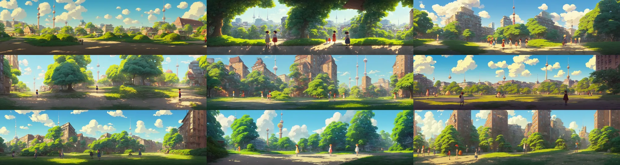 Prompt: a wholesome animation key shot of a sunny berlin panorama, studio ghibli, pixar and disney animation, sharp, rendered in gouache painting, anime gouache key art by greg rutkowski, bloom, dramatic, dynamic lighting