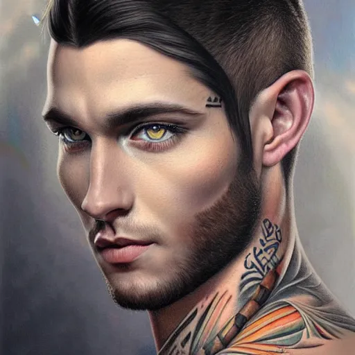 Image similar to ultra realistic portrait painting of a perfect handsome man blue eyes black hair, neck tribal snake tattoo, painted by Tristan Eaton Stanley Artgerm and Tom Bagshaw