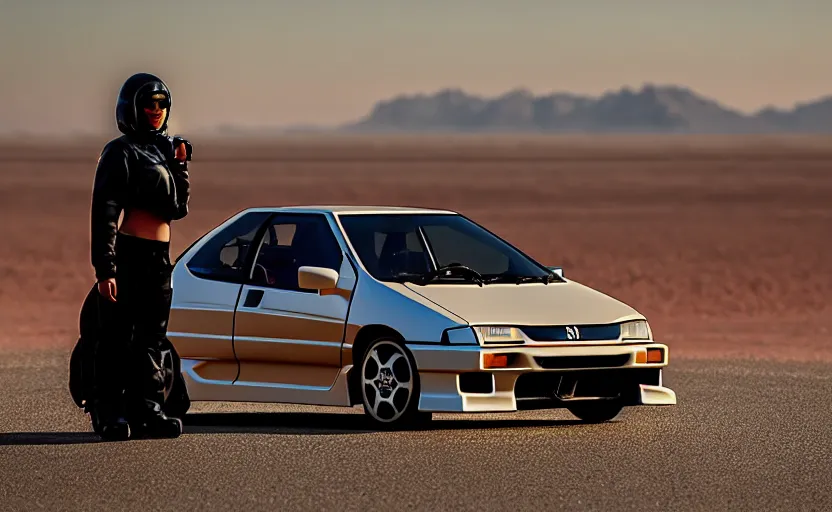 Image similar to photograph of a cell-shaded Honda EK9 Type-R with a techwear woman , on a desert road with a futuristic city in the horizon, one point perspective, 1-point perspective, tilt shift, sigma 85mm f/1.4, 4k, depth of field, high resolution, 4k, 8k, hd, full color