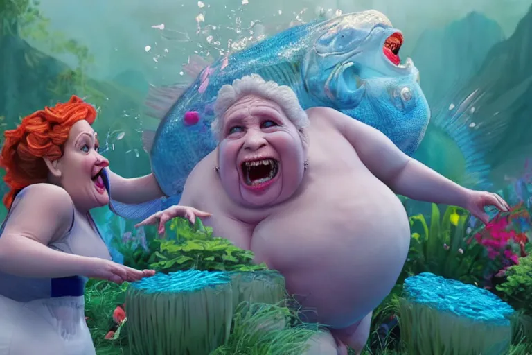 Image similar to of a very beautiful scene. ambient occlusion render. a sweet fat old woman is dancing with a huge colorful fish. hyper realistic. 4 k. wide angle. wild happiness. symmetrical face, red mouth, blue eyes. deep focus, lovely scene. ambient occlusion render. concept art. artstation. unreal engine.