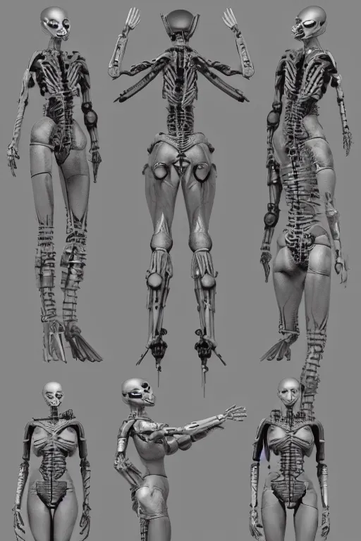 Prompt: septum nose piercing!! cyborg female with gunmetal grey skin, medical anatomy, paneled face, highly detailed, mecha, mechanical implants, three - perspective / three - view reference sheet ( front / back / side ), in the style of dan ouellette, dren from splice, hr giger, sil from species, artstation, unreal engine