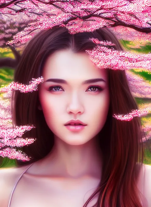 Image similar to photo of a beutiful girl in the style of stefan kostic, realistic, full body shot, sharp focus, 8 k high definition, insanely detailed, intricate, elegant, art by stanley lau and artgerm, extreme blur cherry blossoms background