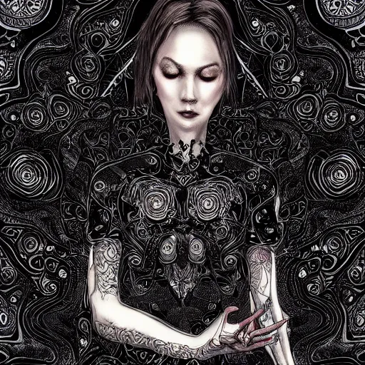 Prompt: a woman with 4 arms, wearing a black shirt and black pants, intricate details, highly detailed, digital art, fantasy, mystical, digital painting, illustration, elegant