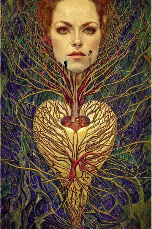 Image similar to Heart of Thorns by Karol Bak, Jean Deville, Gustav Klimt, and Vincent Van Gogh, portrait of an anatomical heart, sacred heart, Surreality, otherworldly, infernal enigma, Helliquary, fractal structures, celestial, arcane, ornate gilded medieval icon, third eye, spirals, dramatic sharp thorns, rich deep moody colors