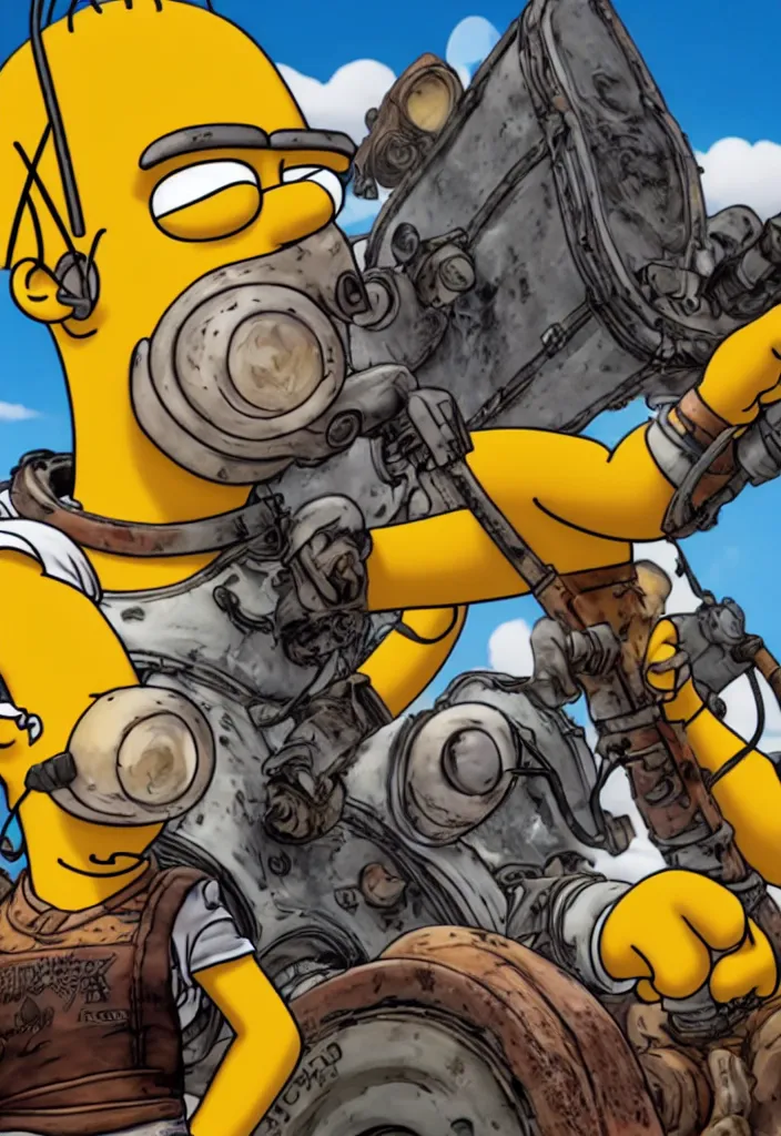 Image similar to Homer Simpson in Fury Road Road Warrior movie, borderlands 4k render