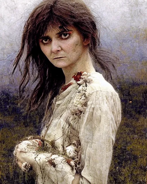 Image similar to a beautiful but sinister girl who looks like a young shirley henderson in dead space, with haunted eyes and crazy hair, eerie moorlands behind her, horrifying, 1 9 7 0 s, seventies, delicate embellishments, a little blood, crimson, painterly, offset printing technique, by jules bastien - lepage