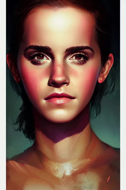 Prompt: portrait of emma watson a scaly skin and biotechnical parts and neon light by Artgerm and Greg Rutkowski , digital painting, highly detailed, trending on artstation