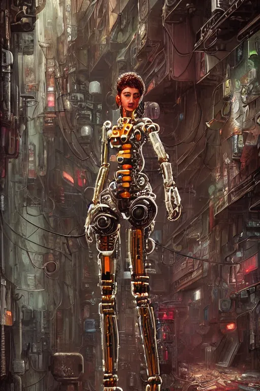 Image similar to a highly detailed retro futuristic female android with gears and other mechanical parts made out of pasta standing in a dank alleyway from blade runner, a robot made out of pasta, painting by Marc Simonetti and Julie Bell