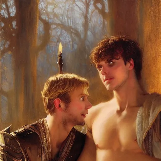 Image similar to attractive male, arthur pendragon who has blond hair confesses his love to attractive male, merlin who has dark hair. highly detailed painting by gaston bussiere, craig mullins, j. c. leyendecker 8 k