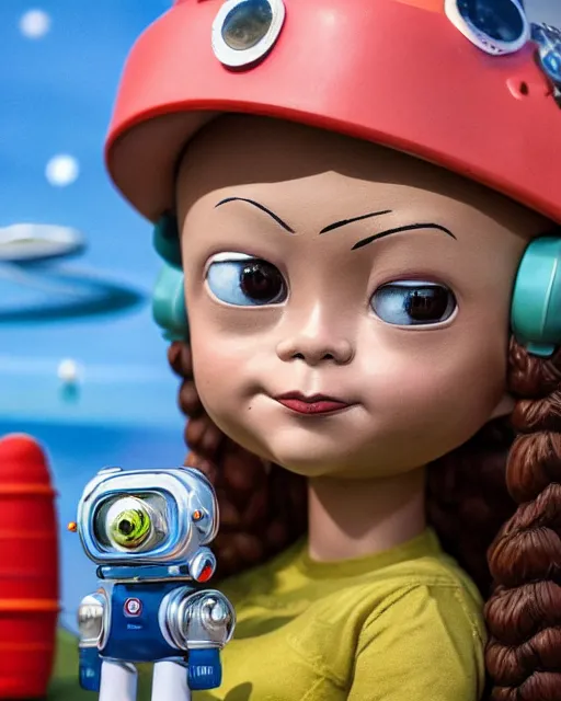 Image similar to closeup face profile portrait of a tin toy greta thunberg as a spacegirl standing next to a saucer - shaped vehicle, bikini, depth of field, zeiss lens, fashion photoshoot by nicoletta ceccoli, mark ryden, lostfish, breathtaking, detailed and intricate environment, 8 k resolution, extremely detailed, beautiful, establishing shot, artistic, hyperrealistic, octane render