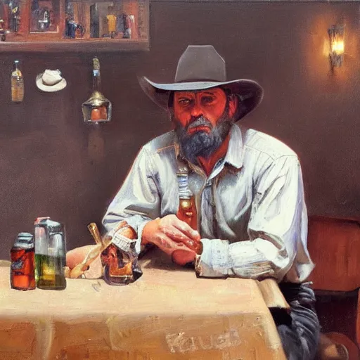 Prompt: modern oil painting portrait of cowboy at table with bottle in western saloon, 1890, masterpiece, realistic and detailed, artstation, interesting lightning