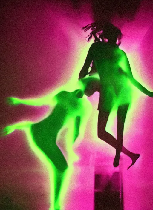 Image similar to a symmetrical female silhouette walking, astral projection, green purple glowing aura, out of body experience, film grain, cinematic lighting, experimental film