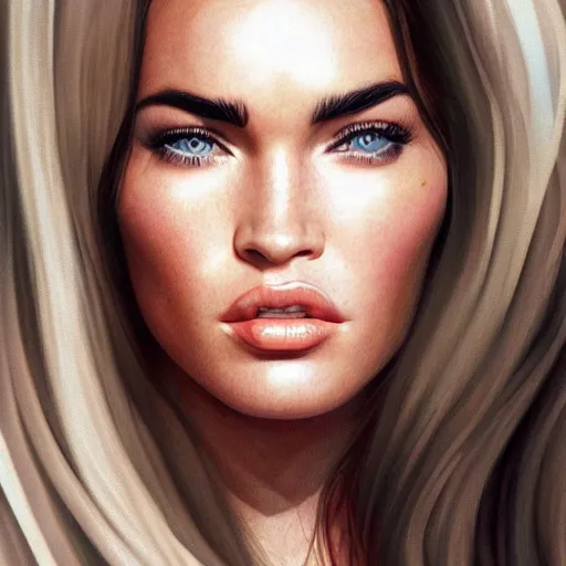 Image similar to megan fox closeup of face. hyperrealistic portrait, photo realistic, poster, artstation, volumetric lighting, digital art, very detailed face by magali villeneuve