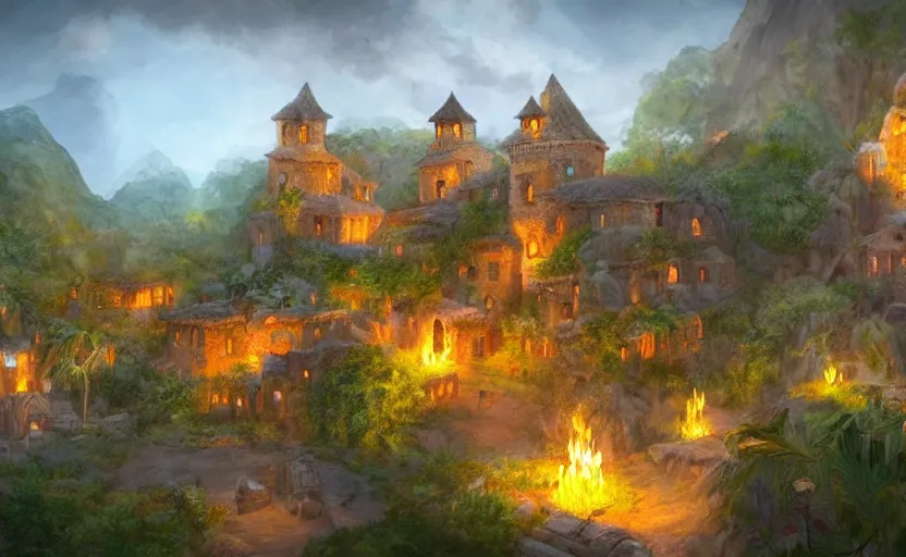 Image similar to medieval village built in a tropical cave, lit by torches, plants, waterfall, houses, towers, concept art, dawn