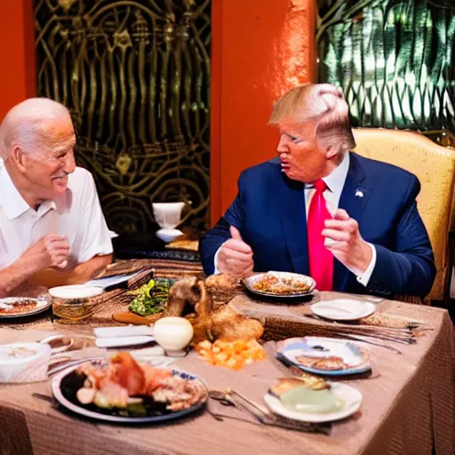 Image similar to Trump and Biden having dinner at a fancy Balinese restaurant, award winning photography, 85mm, perfect faces